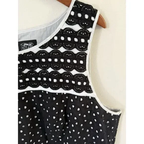 Jax Womens Sleeveless Eyelet Dress Size 16 Ric Rac Lines Black White Cocktail - Picture 4 of 10